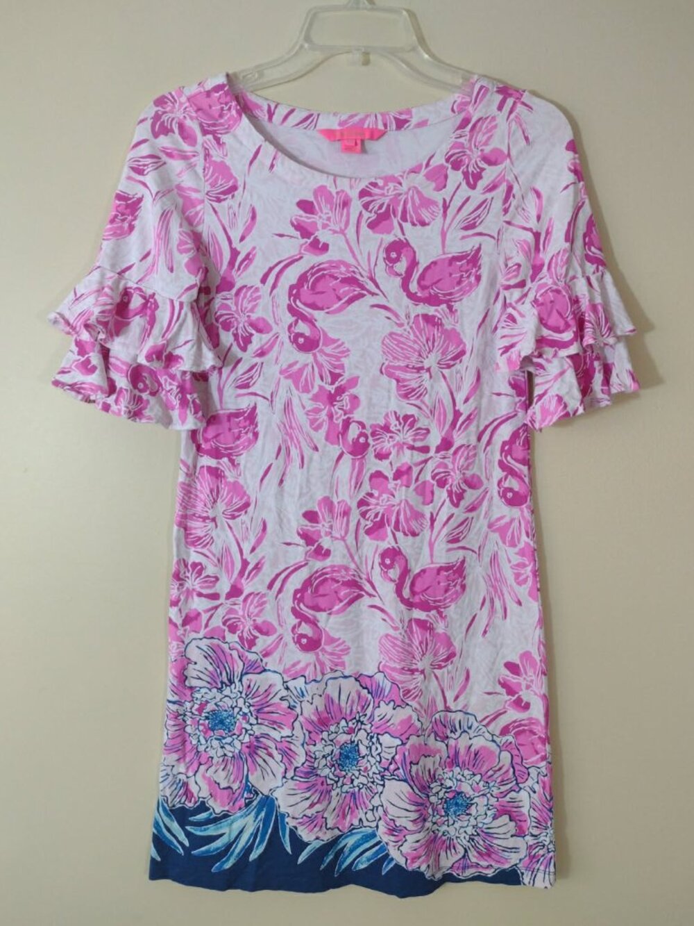 Lilly Pulitzer Lula Dress XXS Flamingo Coral Reef Ruffle Sleeve Pink Blue